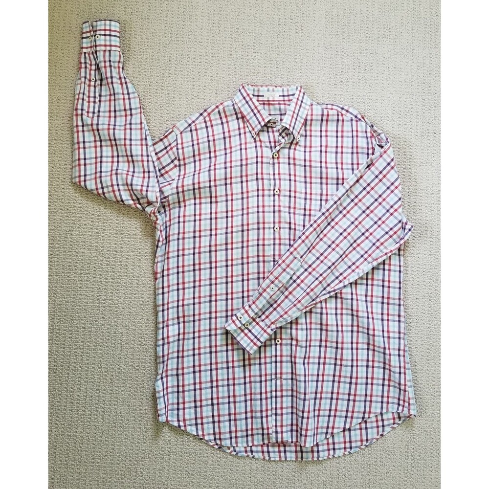 Peter Millar Button Down Shirt Blue Red Mens Size Large Plaid Check Long Sleeve